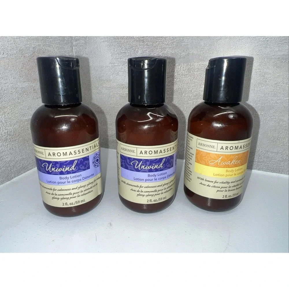 Lot Of 3 Arbonne Aromassentials 2- UNWIND 1- AWAKEN Body Lotion 2 oz